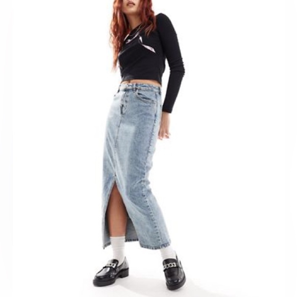 ASOS denim midi skirt with split hem in midwash